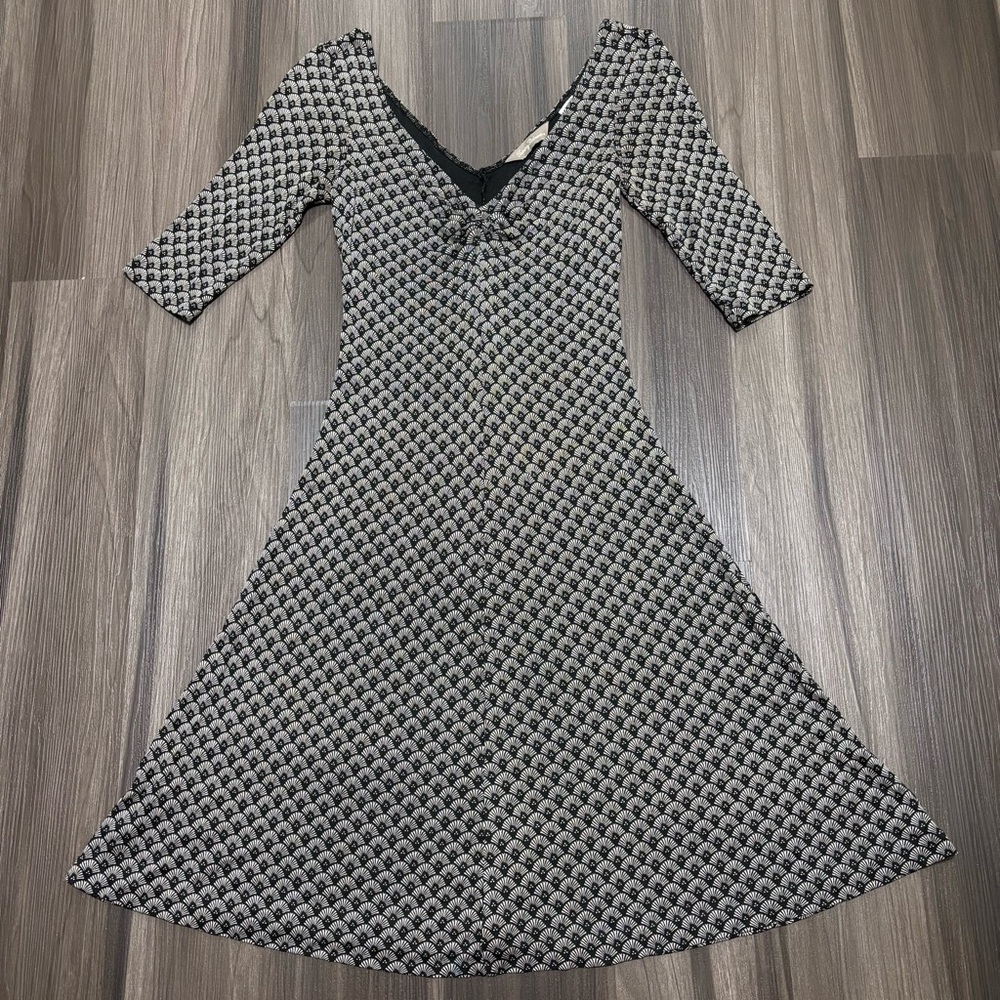 Tommy Bahama Midi Dress Women’s XS Black Art Deco Fan Print 100% Silk V Neck